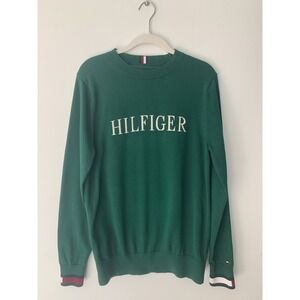 Tommy Hilfiger Pullover Crewneck Sweater Men S 100% Cotton Logo Cuffs Green Prep